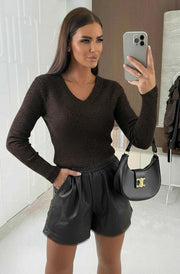 Dalia Shimmer Ribbed Light Knitted Sweater Jumper Top-Brown