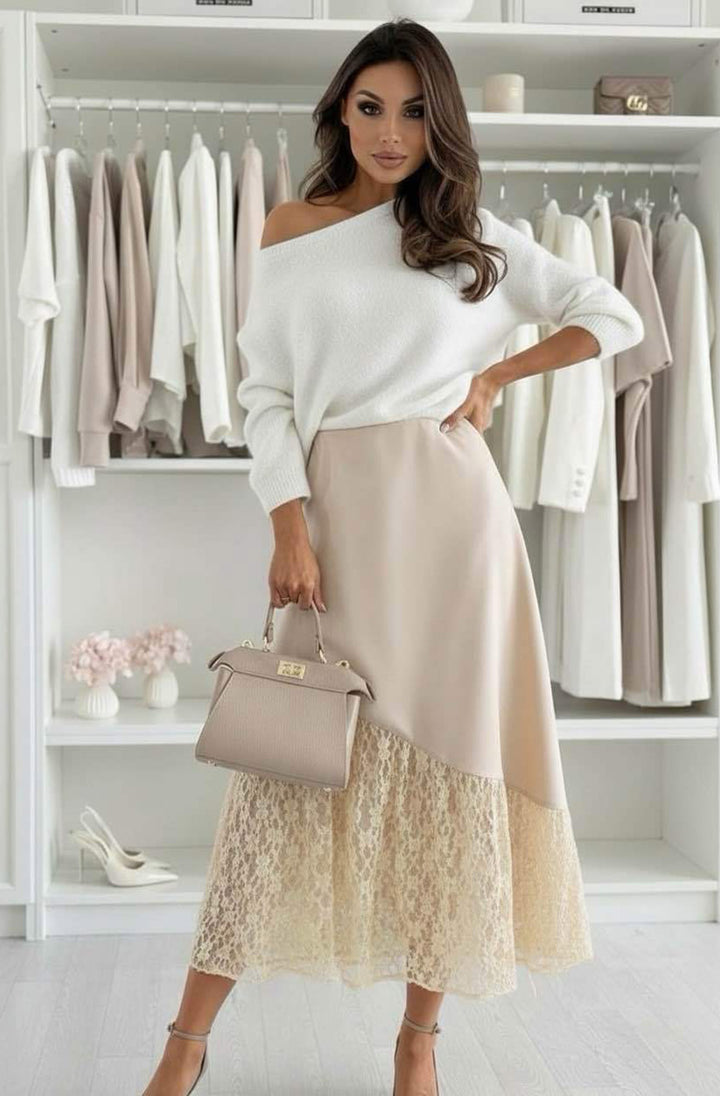 Daria Satin Asymmetric Lace Midaxi Skirt-Stone