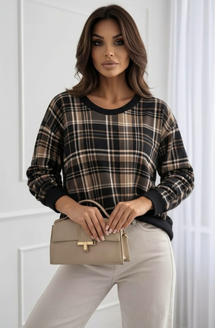 Debby Classic Check Print Long Sleeve Sweatshirt Top-Black