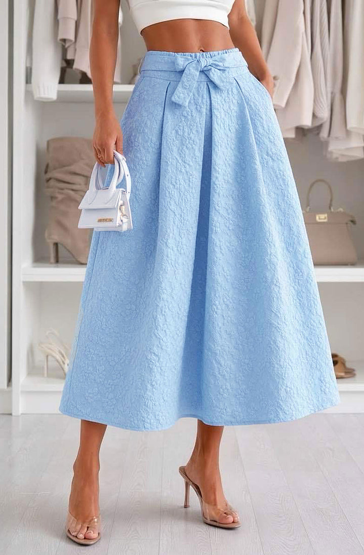 Delilah Floral Textured Tie-Belt Pocketed Midaxi Skirt-Blue