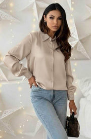 Della Crystal Trim Satin Shirt Blouse Top-Stone