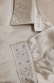 Della Crystal Trim Satin Shirt Blouse Top-Stone