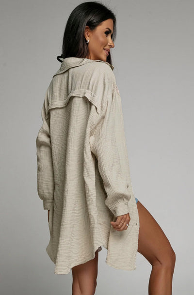 Diana Oversized Cotton Gauze Style Shirt Dress Top-Stone