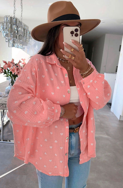 Dina 'Hearts' Print Oversized Cotton Gauze Style Blouse Shirt Top-Coral