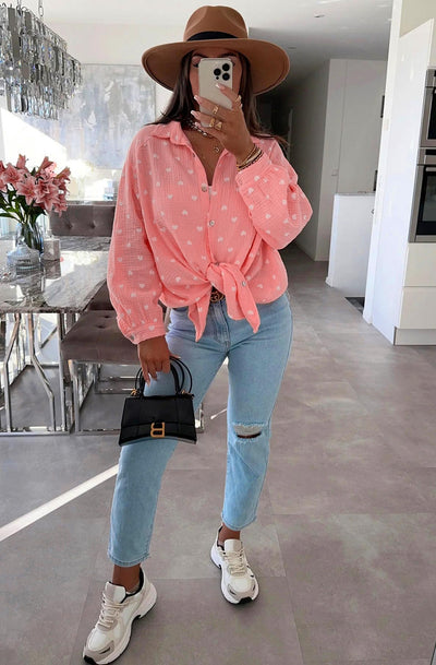 Dina 'Hearts' Print Oversized Cotton Gauze Style Blouse Shirt Top-Coral