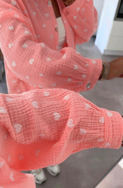 Dina 'Hearts' Print Oversized Cotton Gauze Style Blouse Shirt Top-Coral