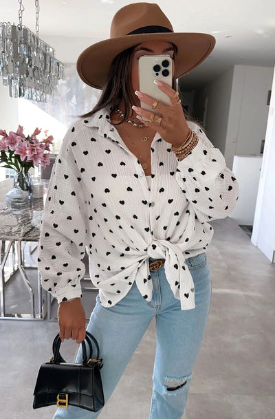 Dina 'Hearts' Print Oversized Cotton Gauze Style Blouse Shirt Top-Ivory