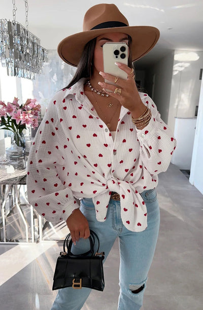 Dina 'Hearts' Print Oversized Cotton Gauze Style Blouse Shirt Top-IvoryRed