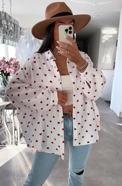 Dina 'Hearts' Print Oversized Cotton Gauze Style Blouse Shirt Top-IvoryRed