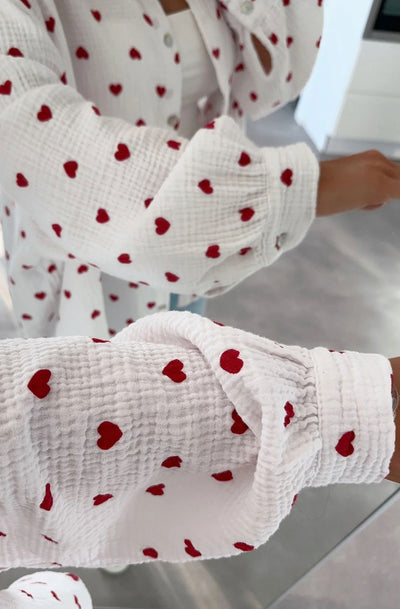 Dina 'Hearts' Print Oversized Cotton Gauze Style Blouse Shirt Top-IvoryRed