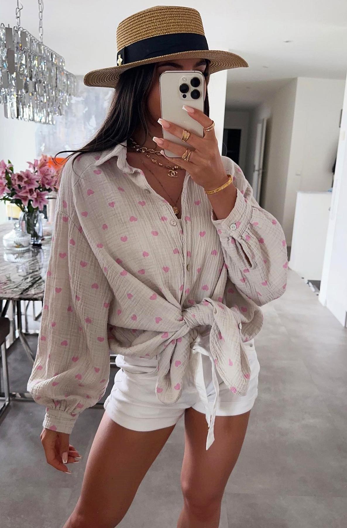 Dina 'Hearts' Print Oversized Cotton Gauze Style Blouse Shirt Top-Stone