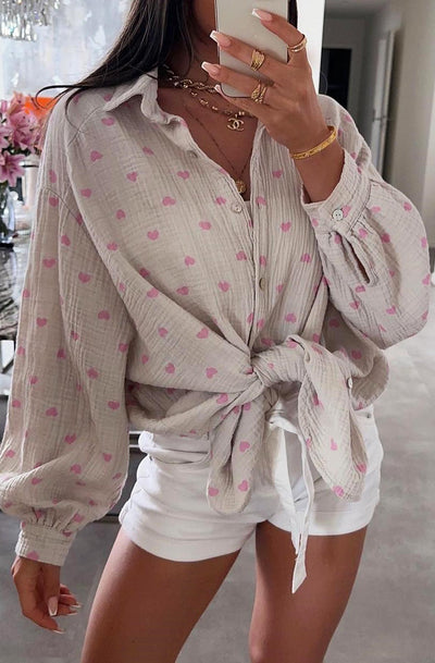 Dina 'Hearts' Print Oversized Cotton Gauze Style Blouse Shirt Top-Stone