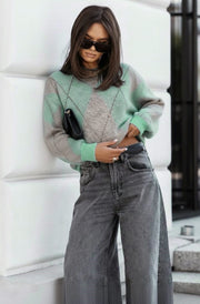 Dixie Argyle Diamond Knitted Jumper Sweater-Mint