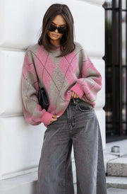 Dixie Argyle Diamond Knitted Jumper Sweater-Pink