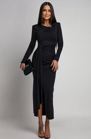 Dolly Draped Ruffle Front Midaxi Dress-Black