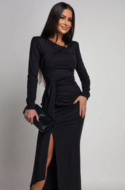Dolly Draped Ruffle Front Midaxi Dress-Black