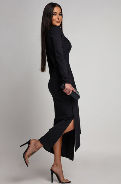 Dolly Draped Ruffle Front Midaxi Dress-Black