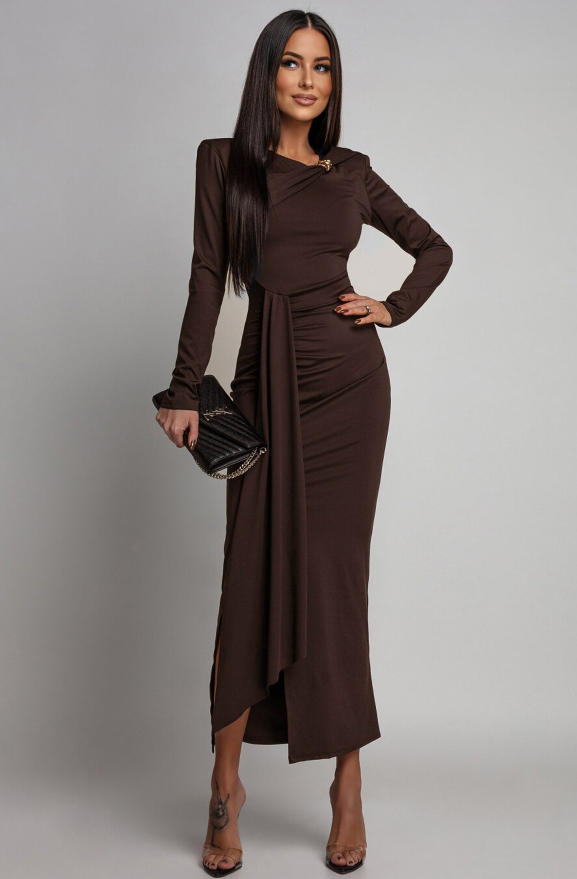 Dolly Draped Ruffle Front Midaxi Dress-Brown
