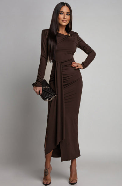 Dolly Draped Ruffle Front Midaxi Dress-Brown