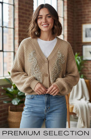 Dorothy Paisley Embellished Bubble Knit Cardigan-Camel