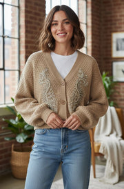 Dorothy Paisley Embellished Bubble Knit Cardigan-Camel
