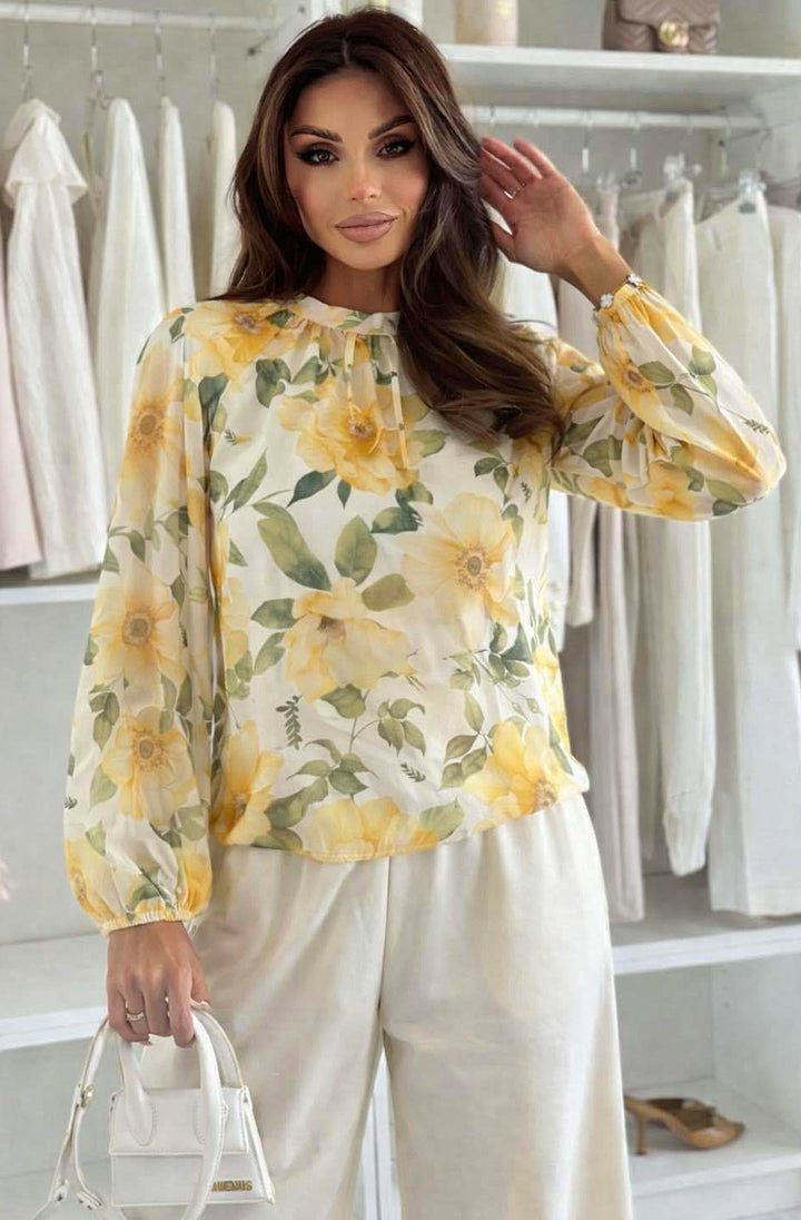 Edwina Floral High Neck Tie-Back Chiffon Blouse Top-Yellow