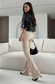 Elara High-Waisted Flared Trouses-Stone