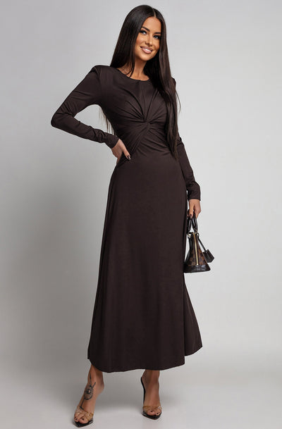 Elaris Twist Front Long Sleeve Maxi Dress-Dark Brown