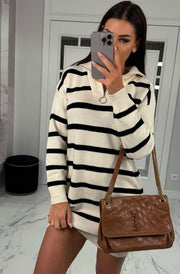 Elena Zip Collar Striped Sweater Dress-Cream