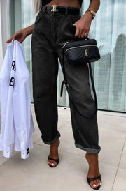 Elise Barrel High Mom Fit Denim Jeans-Black