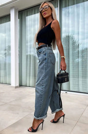 Elise Barrel High Mom Fit Denim Jeans-Blue