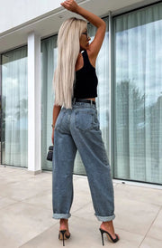 Elise Barrel High Mom Fit Denim Jeans-Blue