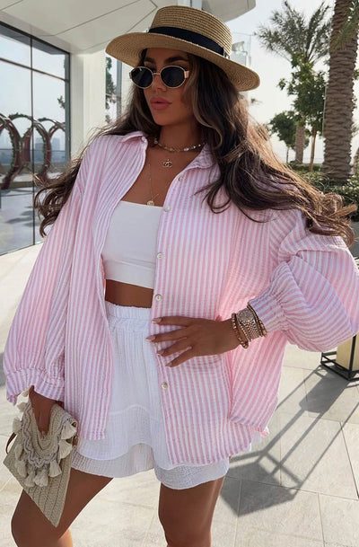 Eliza Cotton Gauze Style Striped Shirt Top-Pink