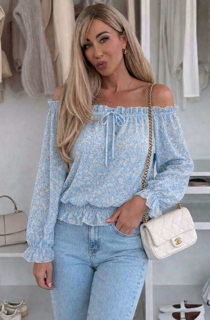 Eloise Floral Bardot Frill Shirred Waist Shirt Blouse Top-Blue