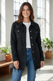 Emma Longline Black Denim Jacket-Black