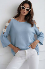 Emma Floral Appliqué Cold Shoulder Lightweight Open Knit Top-Blue