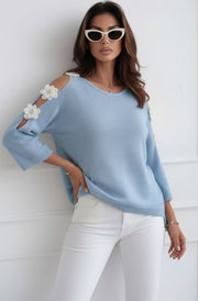 Emma Floral Appliqué Cold Shoulder Lightweight Open Knit Top-Blue