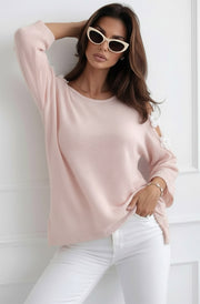 Emma Floral Appliqué Cold Shoulder Lightweight Open Knit Top-Baby Pink