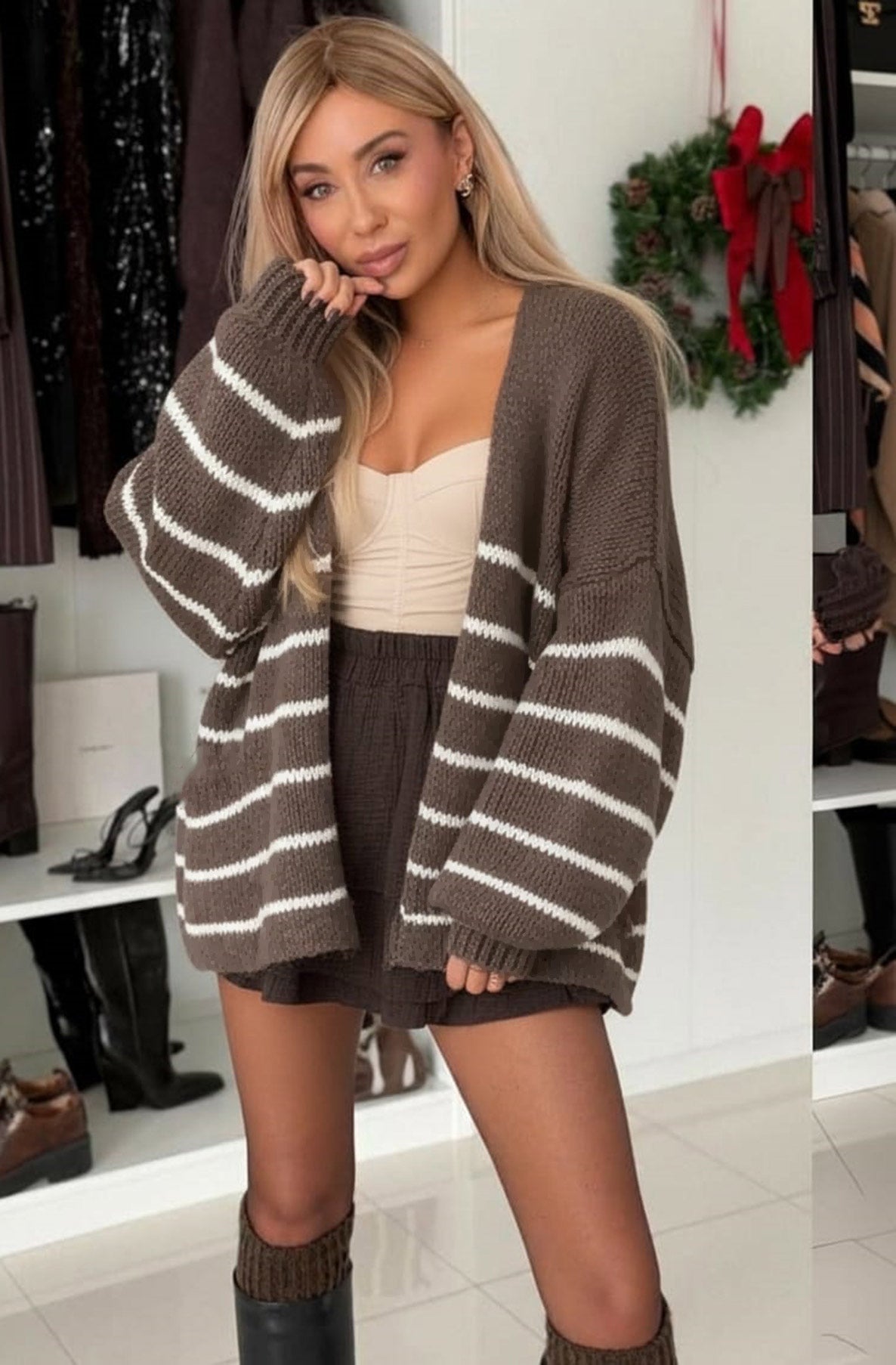 Erin Striped Knitted Cardigan-Brown