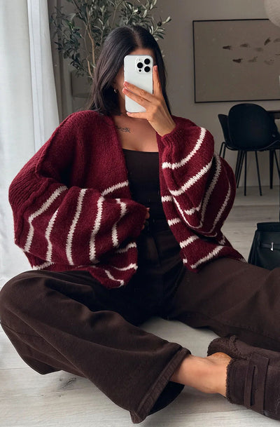Erin Striped Knitted Cardigan-Wine
