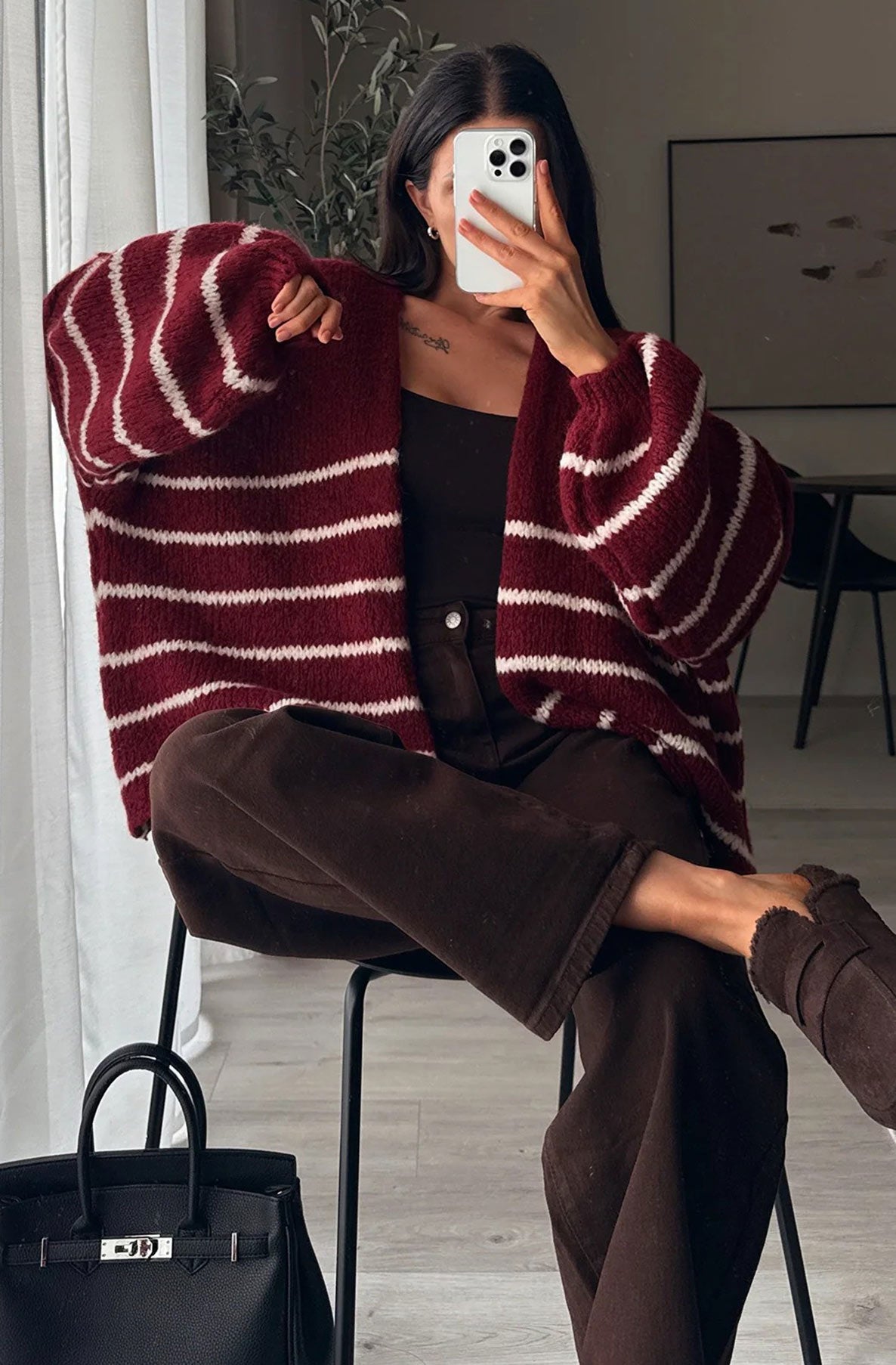 Erin Striped Knitted Cardigan-Wine