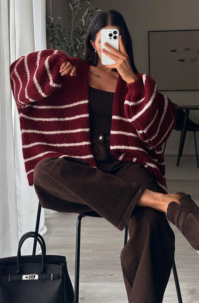 Erin Striped Knitted Cardigan-Wine