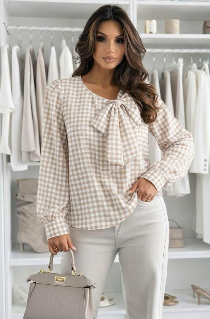 Eva Gingham Bow Neck Long Sleeve Blouse Top-Stone