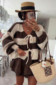 Evelle Striped Tie-Up Knitted Cardigan-Chocolate