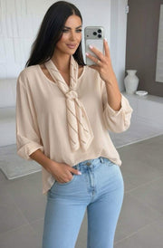 Ezra High Low Crew Neck Scarf Blouse Top-Stone