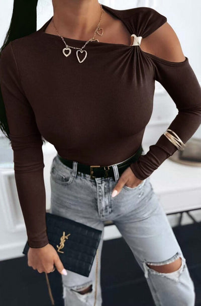 Faria Gold Clasp Cold Shoulder Style Top-Dark Brown