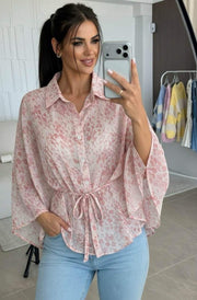 Fiorin Floral Tie-Front Oversized Poncho Style Blouse Top-Pink