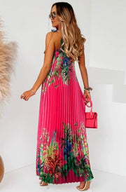 Florence Pleated Tropical Floral Tie-Up Maxi Dress-Hot Pink