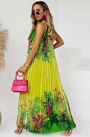 Florence Pleated Tropical Floral Tie-Up Maxi Dress-Yellow