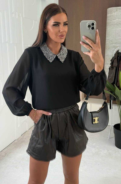 Gina Sequin Embellished Collar Blouse Top-Black
